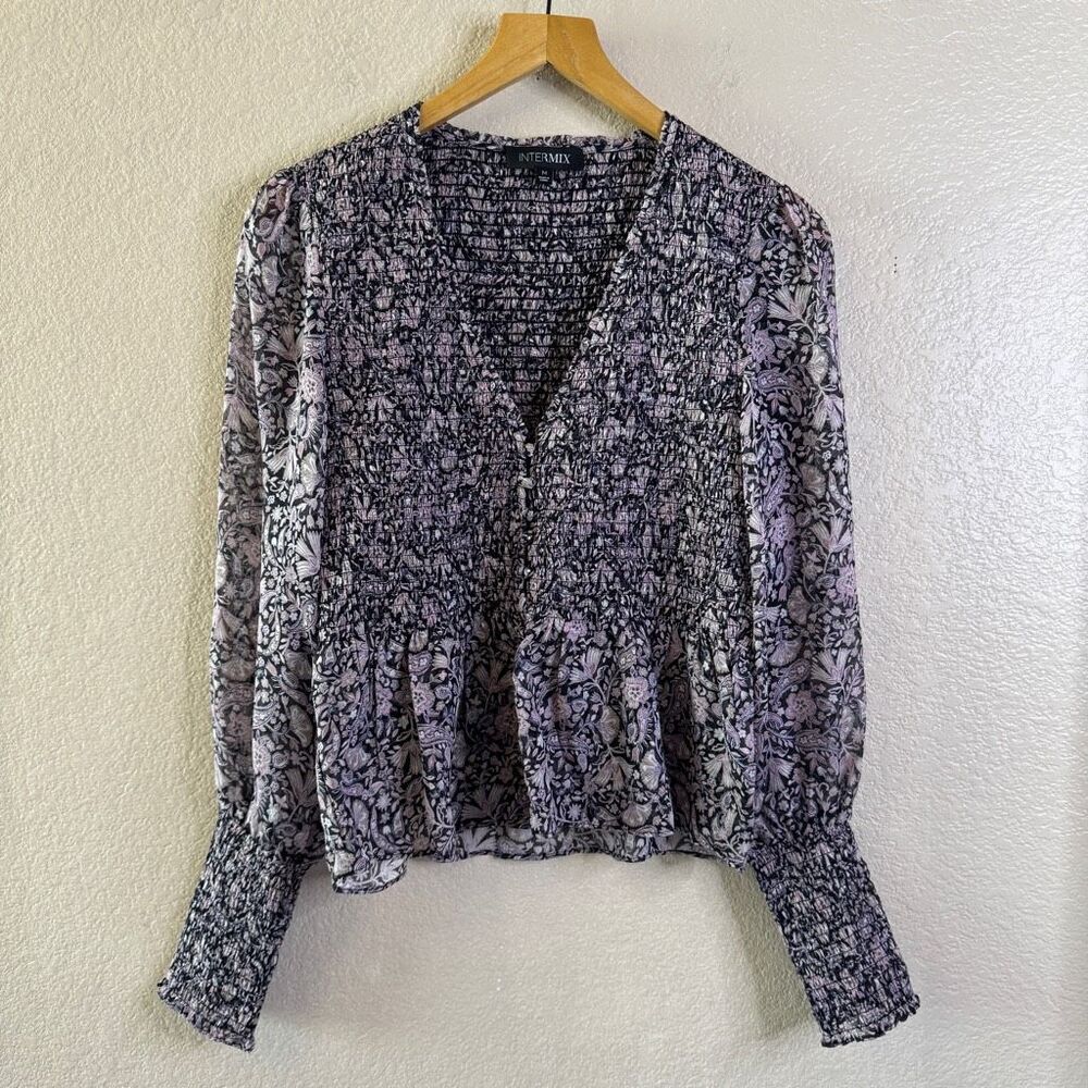 Intermix Silk Blouse Womens Size M Pink Black Floral Smocked Coquette Romantic